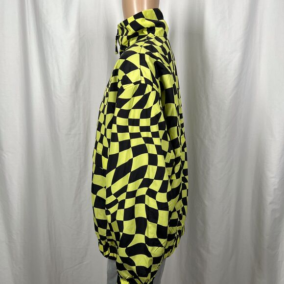 H&M Men's Large Neon Yellow Black Wavy Checkered Full Zip Windbreaker Jacket - Picture 4 of 9